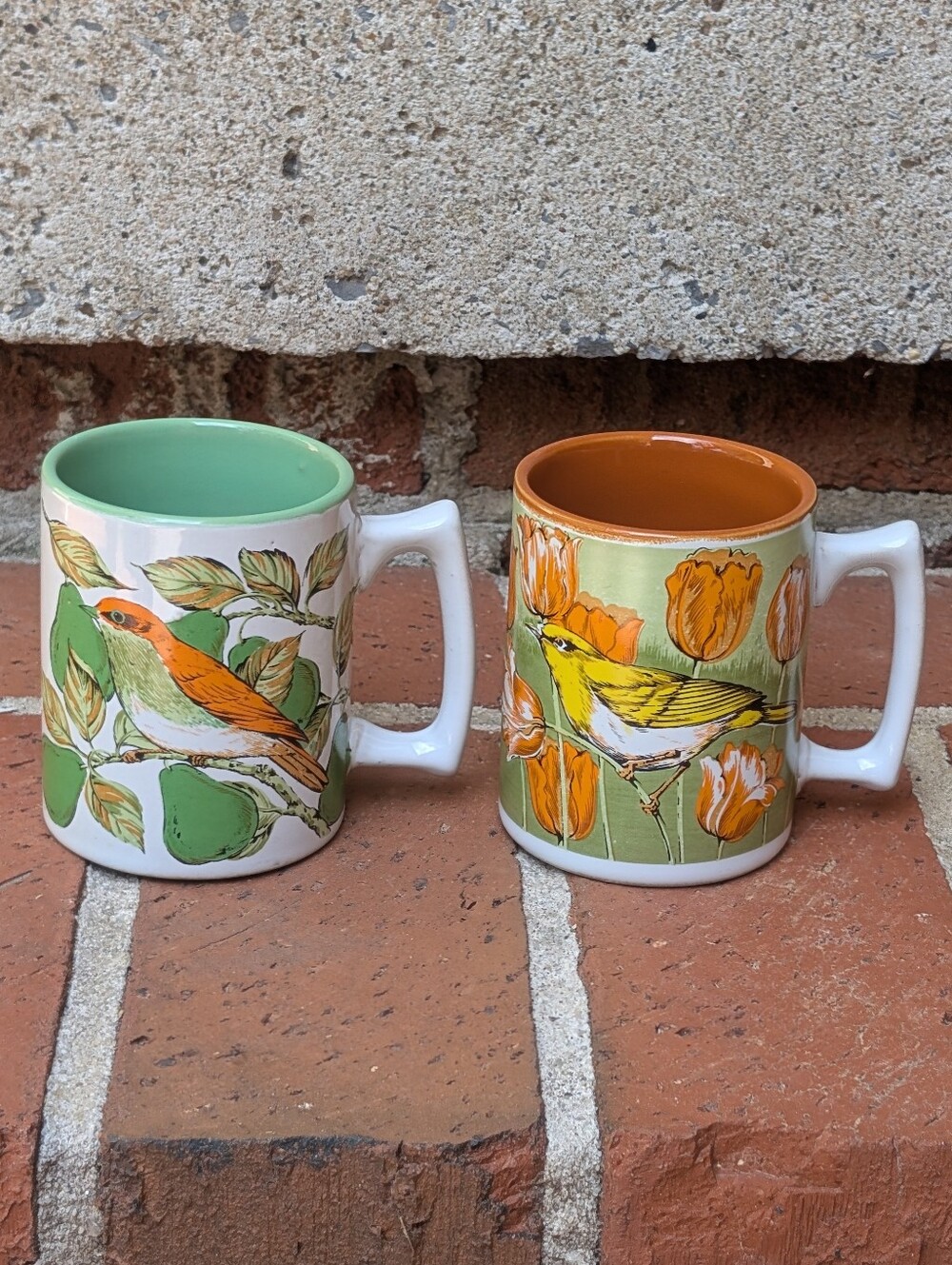 Vintage Ceramic Mugs Birds Orange And Green Set Of 2 Japan